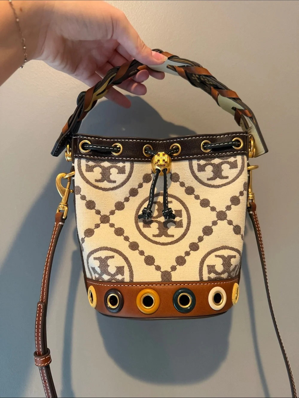 Tory Burch Cream & Brown Logo Canvas Bucket Bag with Eyelet Trim (NEVER USED)